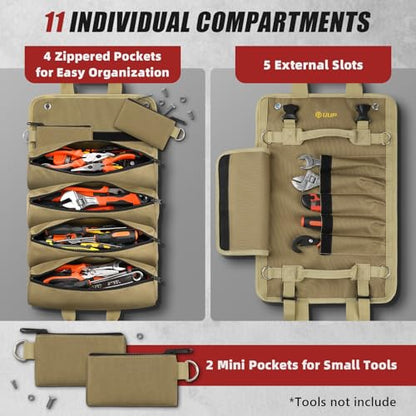 UUP Tool Roll Bag, Heavy Duty Tool Bag Gifts for Men Dad Mechanic, Khaki - color: Khaki