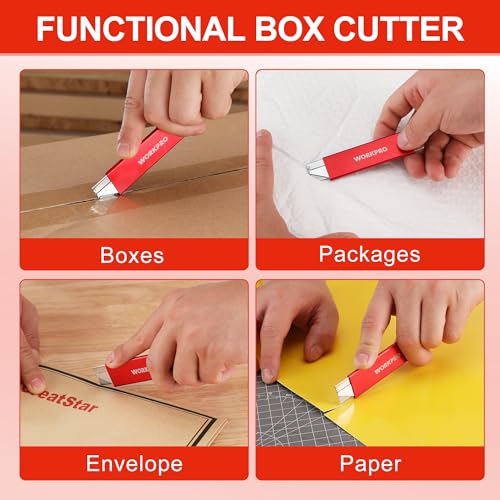 WORKPRO 12-Pack Box Cutter Retractable, Red - color: Red - 12-pack Extra Blades Included