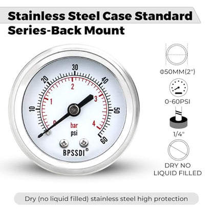 0-60 Psi Low Pressure Gauge, 2" Dial Size, 1/4 G Back Mount, Stainless Steel Case for Water Pressure Gauge Test for Water Pipe, HVAC(with Tape) - size: 0-60 psi, style: Back Mount