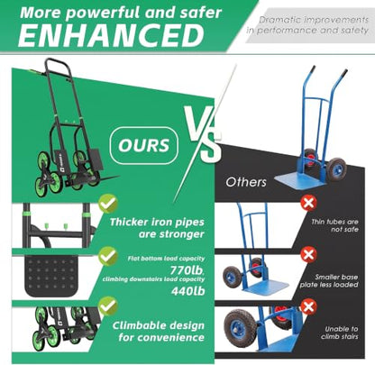Teprovo Stair Climbing Hand Truck 770lb，Heavy Duty Dolly Cart for Stairs，Thickened Upgraded Steel Tube Folding Stair Climbing Trolley with Six Wheels and Telescoping Handle - color: Green