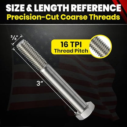 Chenango Supply 3/8-16 x 3 Stainless Steel Hex Head Bolts - size: 3/8-16x3"(25pcs)