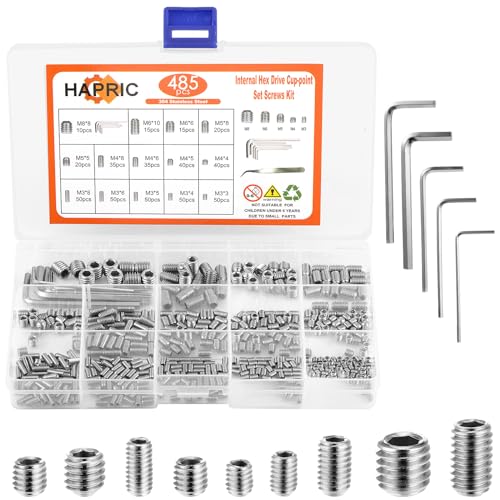 Hapric 485 Pcs 304 Stainless Steel Set Screws 14 Size Set Screw Assortment Kit M3/M4/M5/M6/M8 Head Socket Hex Metric Cup-Point Screws - color: Silver-Metric-485 Pcs