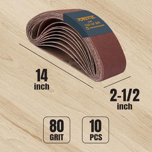 POWERTEC 401408 2-1/2 x 14 Inch Sanding Belts, 80 Grit Aluminum Oxide Belt Sander Sanding Belt for Porter Cable 371 & 371K Belt Sander, Wood & Paint Sanding, Metal Polishing, 10PK - style: 2-1/2 x 14, 80 Grit