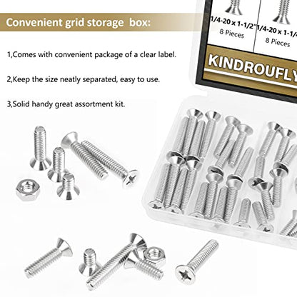 52 Pieces 1/4-20x 1/2", 3/4", 1", 1-1/4", 1-1/2", Phillips Countersunk Head Machine Screws Nuts Assortment Kit, 304 Stainless Steel, Fully Machine Thread - size: 1/4"-20