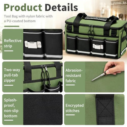 14-Inch Heavy Duty Tool Bag, 17 Pocket Tool Box Organizer - color: Green