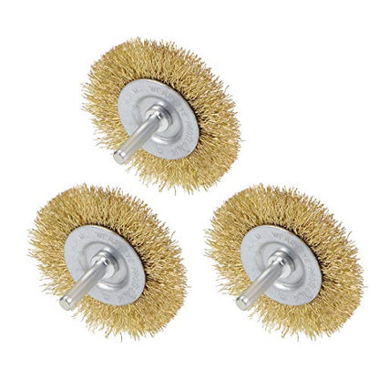 uxcell 2-1/2 Inch Wire Wheel Brush Bench Brass Plated Crimped Steel 1/4-Inch Shank 3 Pcs