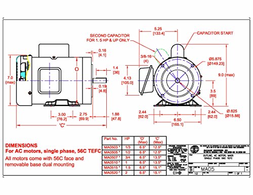 Hallmark Industries MA0505A AC Motor, 1/2 hp, 1725 RPM, 1PH/60 hz, 115/208-230V AC, 56C/TEFC, Cap Start, with Foot, SF 1.15, Steel (Pack of 1) - size: 1/2 HP, 1725RPM, 1 phase, 115/230V