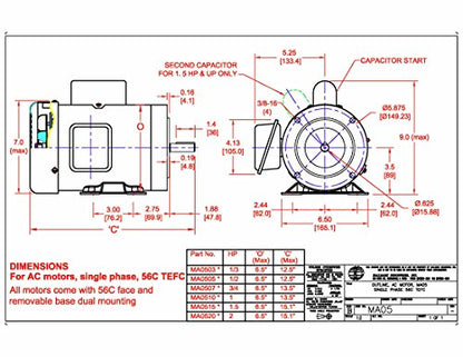 Hallmark Industries MA0507A AC Motor, 3/4 hp, 1725 RPM, 1PH/60 hz, 115/208-230V AC, 56C/TEFC, Cap Start, with Foot, SF 1.15, Steel (Pack of 1) - size: 3/4 HP, 1725RPM, 1 phase, 115/230V
