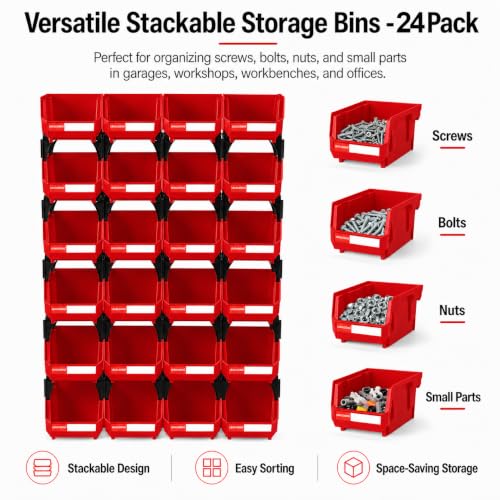 24 Pack Stackable Storage Bins Heavy Duty Parts Organizer Red - color: Red-24 Pack, size: 5"x4"x3"