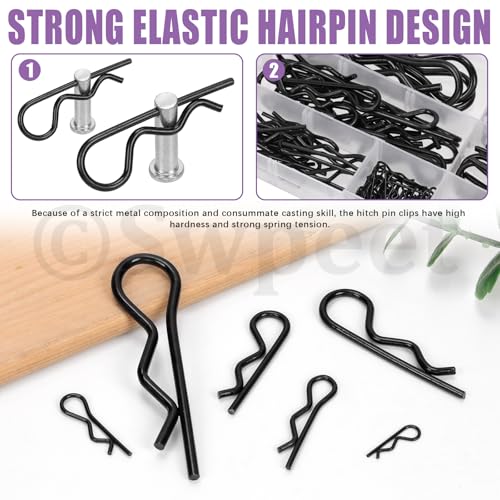 Swpeet 145Pcs 6 Sizes Black Zinc-Plated Carbon Steel Cotter Pin Assortment Kit, Hitch Pin Clip, R Clips, Retaining Pins, Hair Pin, Hardware Pins, Spring Fastener for Dolly Pins Trailer Pin Clips