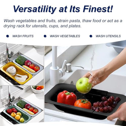 Extendable Sink Colander Strainer Basket - Wash Vegetables and Fruits, Drain Cooked Pasta and Dry Dishes - Adjustable Over the Sink Colander Collapsible Drainer Basket - Black - color: Black