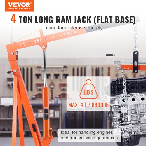 VEVOR Hydraulic Long Ram Jack, 4 Ton Engine Hoist Cylinder with Single Piston Pump and Flat Base, Hydraulic Ram Cylinder for Engine Lift Hoists, Hydraulic Garage/Shop Cranes, Mechanical, Farm - color: Orange