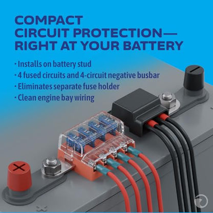 Blue Sea Systems ST Blade Fuse Block Battery Terminal Mount 4 Way Circuit Kit, 100 Amps, 5024 - color: With cover, style: 4 Circuit + Neg - Terminal Mount