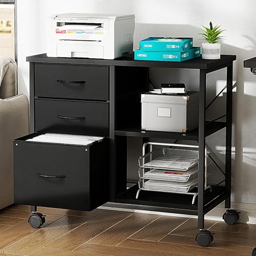 DUMOS 3 Drawer Mobile File Cabinet, Rolling Printer Stand with Storage - color: Rustic Black