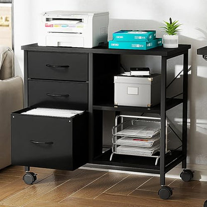 DUMOS 3 Drawer Mobile File Cabinet, Rolling Printer Stand with Storage - color: Rustic Black