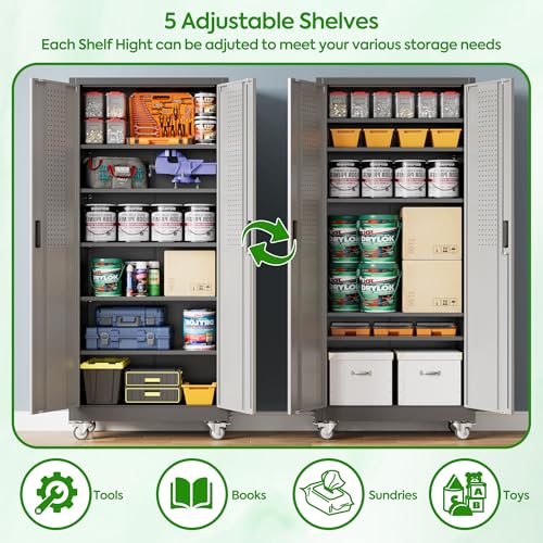 Reemoon 71" H Metal Garage Storage Cabinet with Wheel,Black-Dark Grey - color: Black-dark Grey, size: 16"D x 32"W x 71"H