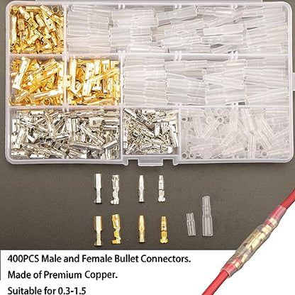 Feggizuli 400PCS 3.9mm Bullet Connectors Male and Female, Brass Bullet Terminal Connectors with Insulation Sleeve, Crimp Terminal Connectors Automotive Electrical Connectors Motorcycle Connector Kit - size: 400pcs