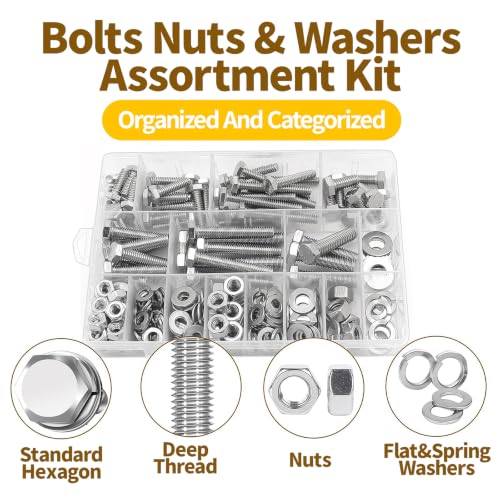 246Pcs Hex Bolts and Nuts Assortment Kit,1/4-20,5/16-18,3/8-16 Stainless Steel Assorted Hex Head Bolts and Nuts,Flat & Lock Washers Set,Fully Threaded,for Home, Auto,Electronic & Industrial Repair - size: 1/4,5/16,3/8