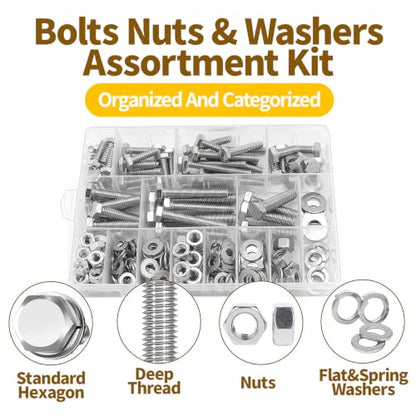246Pcs Hex Bolts and Nuts Assortment Kit,1/4-20,5/16-18,3/8-16 Stainless Steel Assorted Hex Head Bolts and Nuts,Flat & Lock Washers Set,Fully Threaded,for Home, Auto,Electronic & Industrial Repair - size: 1/4,5/16,3/8