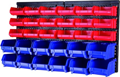 MaxWorks Wall Mount Storage Rack 30 Bin Heavy‑Duty Organizer for Nuts Bolts Screws Nails Beads Buttons and Small Parts for Garage Home and Workshop Blue and Red Bins (80694) - size: 30 Bin / Pack of 1
