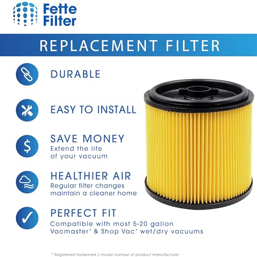 Fette Filter - VCFS Cartridge Filter Replacement Compatible with Vacmaster Filter VCFS, Vacmaster 5-16 Gallon Wet/Dry Vacs, VBV1210 filter. Also fit HART most Shop-Vac 5-20 Gal Vacs - Pack of 2