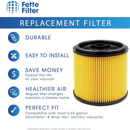 Fette Filter - VCFS Cartridge Filter Replacement Compatible with Vacmaster Filter VCFS, Vacmaster 5-16 Gallon Wet/Dry Vacs, VBV1210 filter. Also fit HART most Shop-Vac 5-20 Gal Vacs - Pack of 2