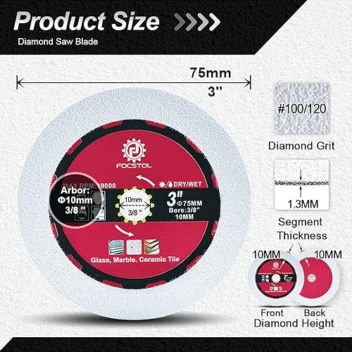 FOCSTOL Diamond Glass Cutting Disc - 3pcs 3''(75mm) Diamond Saw Blade for Glass Jade Crystal Wine Bottle for Mini Angle Grinder with 3/8'' Arbor - size: 3''(75mm)