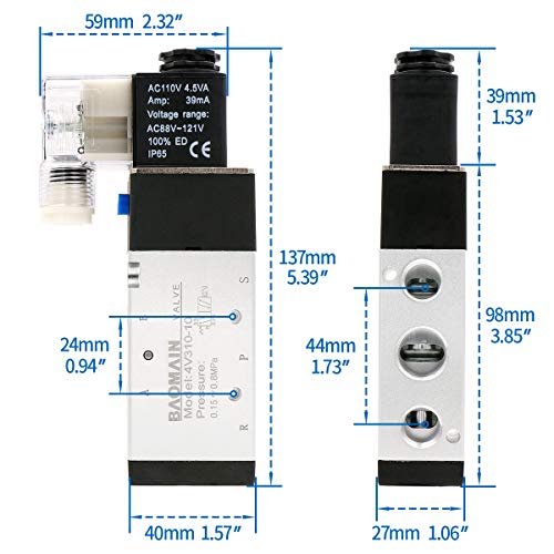 Baomain Pneumatic Solenoid Valve 4V310-10 AC 110V PT 3/8" 2 Position 5 Way Single Coil Pilot-Operated Electric Control with 3 Fitting and 2 muffler (AC 110V) - style: AC 110V
