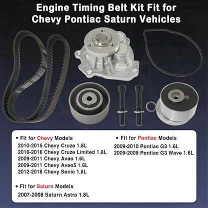 Engine Timing Belt Kit with Water Pump Compatible with 2009-2018 Chevy Cruze Sonic Aveo Aveo5, 2009-2010 Pontiac G3, 2007-2008 Saturn Astra 1.6L 1.8L Replaces TCKWP338 24422964 25195119