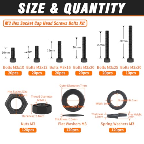 12.9 Grade M3 Screws Assortment Kit, 480pcs Bolts and Nuts Washers Set - size: M3 Bolts and Nuts Washers 10-30mm