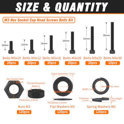 12.9 Grade M3 Screws Assortment Kit, 480pcs Bolts and Nuts Washers Set - size: M3 Bolts and Nuts Washers 10-30mm
