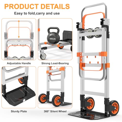 3 in 1 Aluminum Folding Hand Truck Dolly Cart Trolley with Wheels (Orange) - color: Orange Silver
