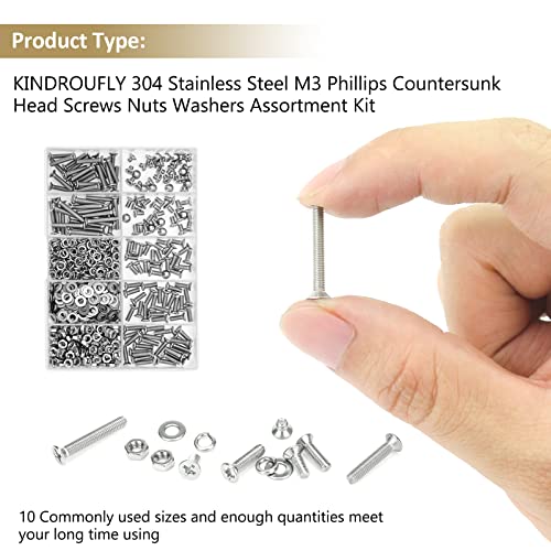 562 Pieces M3 x 4/6 /8/10 /12/16 /20mm Phillips Countersunk Head Machine Screws Nuts Washers Assortment Kit, 304 Stainless Steel, Fully Machine Thread - size: M3, style: Phillips Countersunk Head