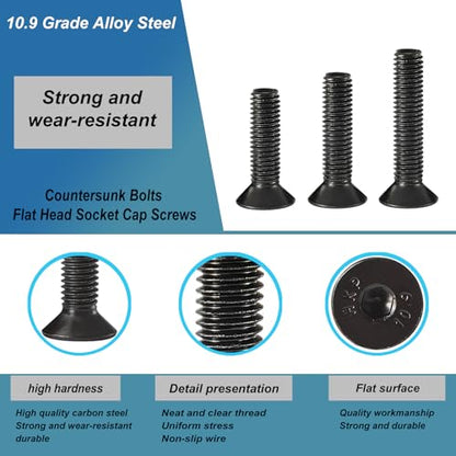 M8 x 60mm 65mm 70mm 75mm 80mm Flat Head Hex Socket Cap Screws Countersunk Bolts, 10.9 Grade Alloy Steel, Black Oxide Finish, Metric Allen Drive, Fully Threaded, Assortment Kit 15Pcs - size: M8x60/65/70/75/80mm