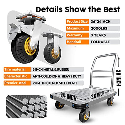 Heavy Duty Platform Truck Flat Moving Cart Hand Trucks,2000Lbs Steel Push Cart Dolly, 36 x 24in Large Flatbed with 5'' 360 Degree Swivel Wheels for Easy Storage - size: 36" L X 24" W