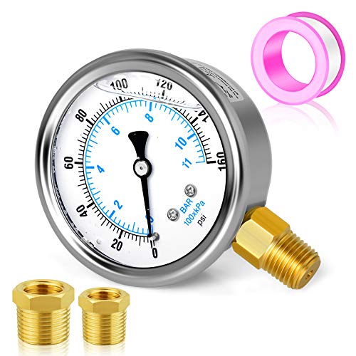 MEANLIN MEASURE 0~160Psi Stainless Steel 1/4" NPT 2.5" FACE DIAL Liquid Filled Pressure Gauge WOG Water Oil Air Lower Mount, with 1/2" NPT and 3/8" NPT Hex Bushing - size: 0-160Psi