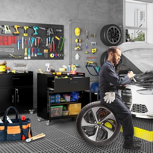 Metal Garage Storage Cabinet with Wheels, 35" H Large Capacity Rolling Tool Chest for Workshop, Garage, Cabinetry, 1 Drawer & 2 Locking Doors, Black - size: 35.4H*18.11D*30.31W