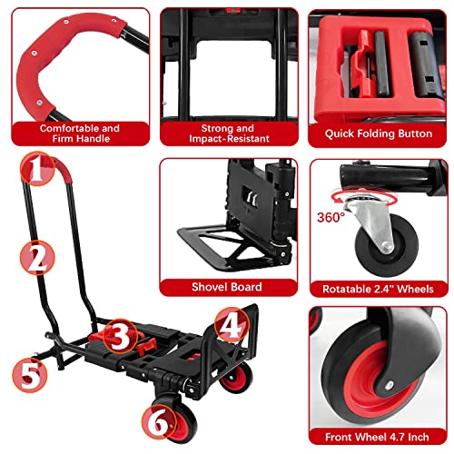 Folding Hand Truck, Portable Dolly Cart with Rubber Wheels and Retractable Handle, 2 in 1 Design 330lbs Capacity Hand Cart Foldable for Transportation/Luggage/Mobile/Travel/Office Use - color: Red