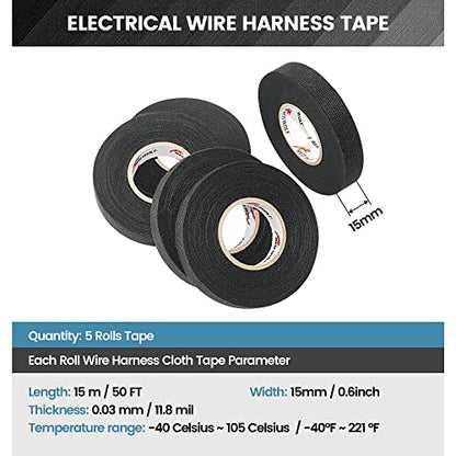 RED WOLF Wire Electrical Tape, 3/5 Inch x 50 Feet 5-Roll, Felt Cloth Electric Tape Noise Dampening High Temp Wiring Loom Harness, Self-Adhesive Fabric Tape for Automotive Engines Wrap Protection