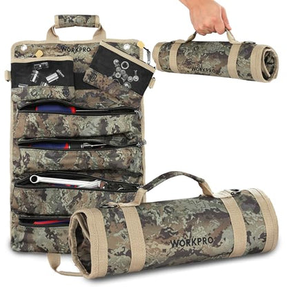 WORKPRO Roll Up Tool Bag, Tool Roll Organizer, 4 Pockets & 2 Pouches, Camo - color: Camo