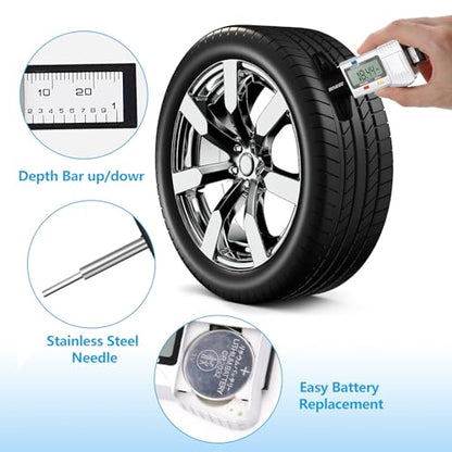 3 Modes Digital Tire Tread Depth Gauge, Tire Depth Gauge with Fractional Inch, Decimal Inch and Millimeter for Motorcycles, Cars, Trucks, Vans, SUV