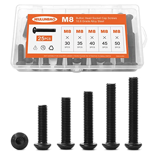 M8 x 30mm 35mm 40mm 45mm 50mm Button Head Socket Cap Screws Bolts 10.9 Grade Alloy Steel, Black Oxide Finish, Metric Allen Hex Drive, Machine Fully Threaded, Assortment Kit 25PCS - size: M8 x 30/35/40/45/50mm (25PCS)