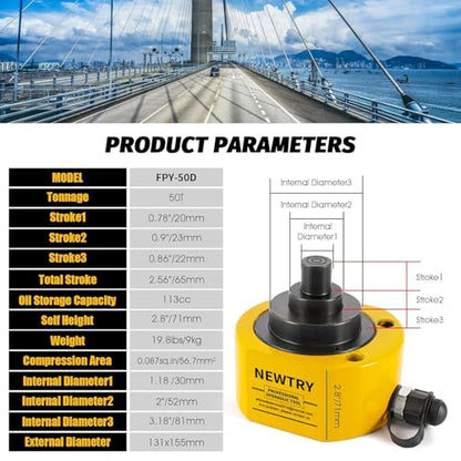 NEWTRY 50 ton Low Profile Hydraulic Jack Porta Power Kit + CP-700 Manual Hydraulic Hand Pump Multi Section Jack, 2.56” Stroke Industrial Mini Hydraulic Cylinder - size: 50T Hydraulic Jack + cp-700 Pump