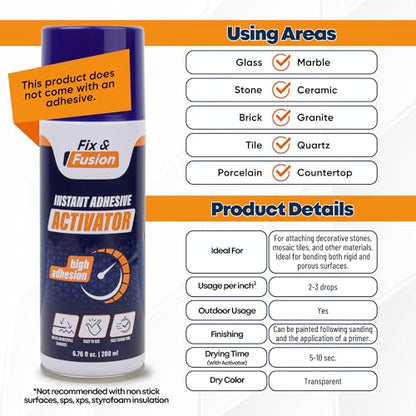 FIX & FUSION Activator Spray (6.76 Fl Oz), Instant Cure Accelerator for Cyanoacrylate (CA) Super Glue for Wood, Plastic, Rubber, Granite, and DIY & Professional, Accelerates Bonding Strength, (6 Pack) - size: 6.76 fl oz (200 ml)