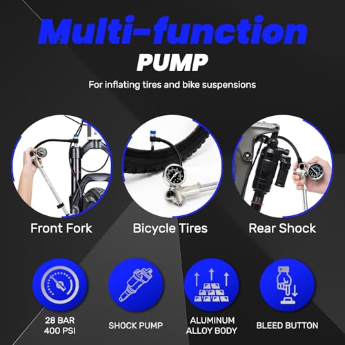 High Pressure Shock Pump, Bike Shock Air Pump with Gauge 400 PSI - color: silver