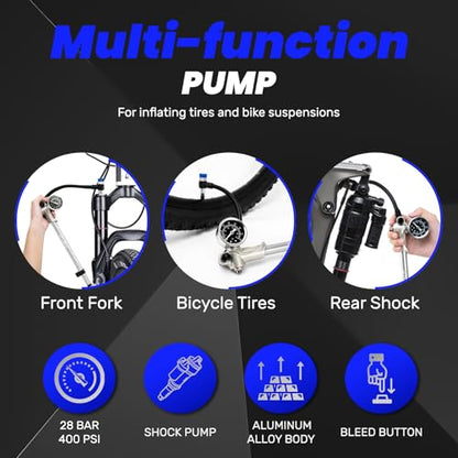 High Pressure Shock Pump, Bike Shock Air Pump with Gauge 400 PSI - color: silver