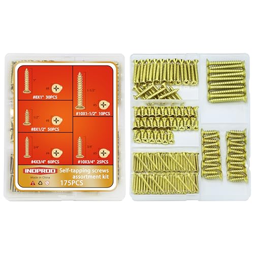 Brass Plated Wood Screw Assortment Kit, Phillips Flat Head Drywall Screws, #4#8#10 Self Tapping Wood Screws, Interior Construction Screws, Carbon Steel, for Indoor & Outdoor Use, 175 Pcs - size: #4#8#10 kit