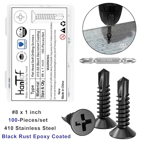 100Pcs Self Tapping Screws for Metal, 410 Stainless Steel, Black Coating, #8 x 1 Phillips Drive Flat Head Self Drilling Screws, Countersunk Sheet Metal Screws, Deck Screws Kit with 1 Bits - size: 100pcs #8 x 1", style: Flat Head