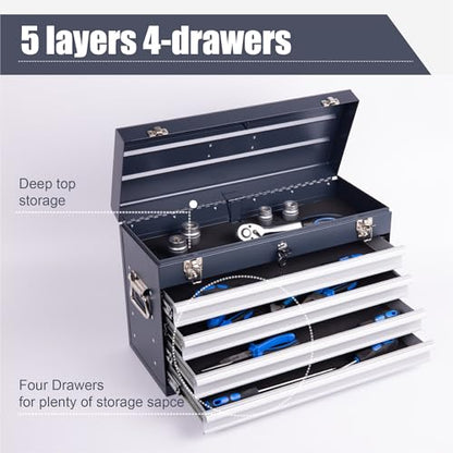Heavy Duty Metal Tool Box, 21-inch, Portable Metal Tool Box with 4 Drawers, Small Tool Chest with EVA Liners, Ball Bearing Slide Drawers Locking & Powder Coated Finish, Multi-Function Tool Organizer - color: Tool Box-grey