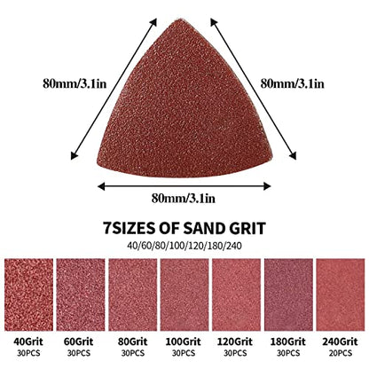 200Pcs 80mm 3-1/8 Inch Triangular Oscillating Multi Tool Sanding Pads Kit
